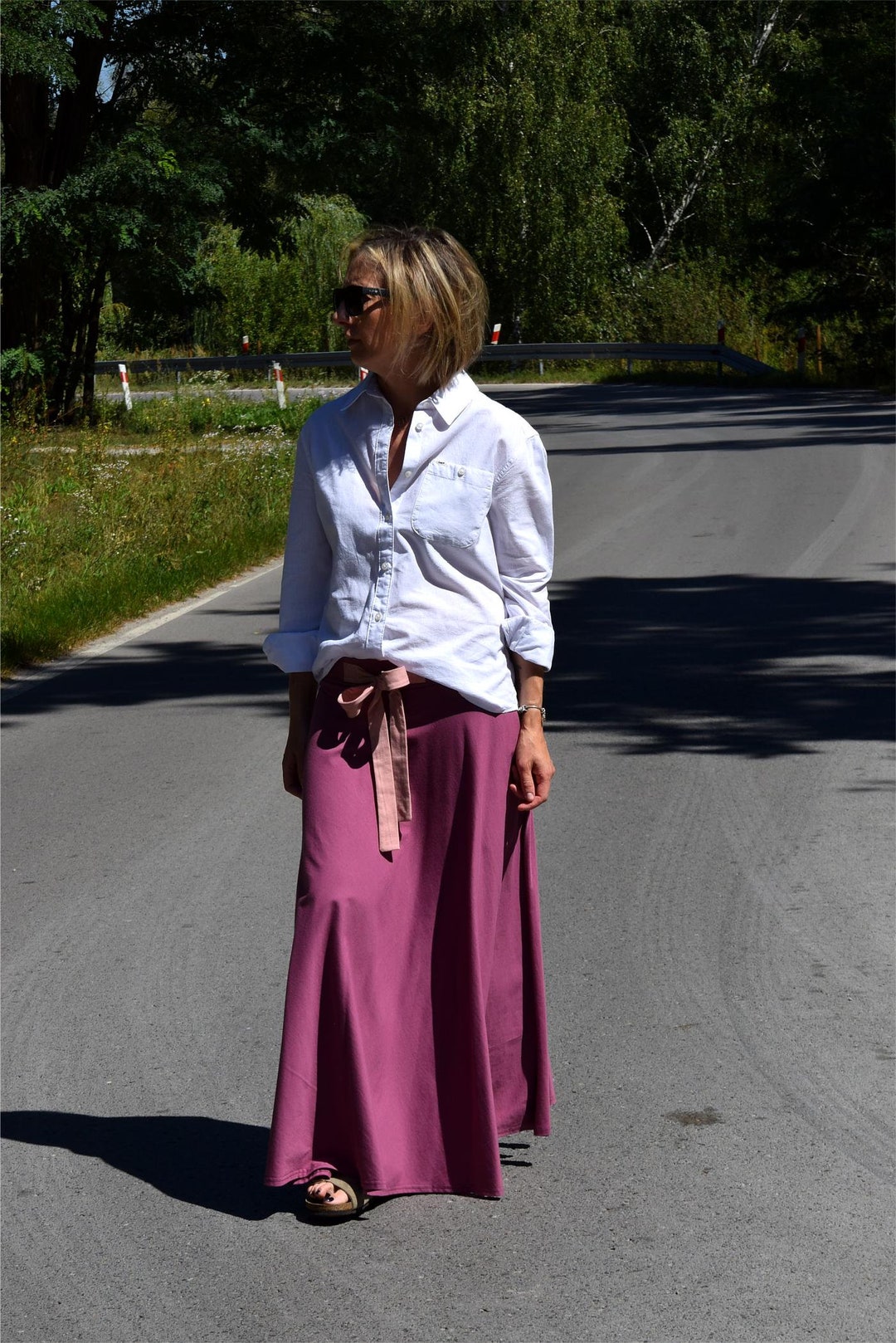 Gonna lunga in cotone, stile casual fatto a mano con tasche, gonna