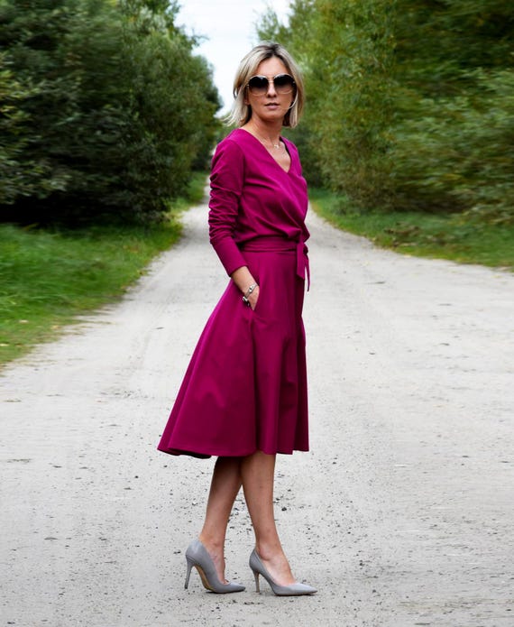 JENNIFER V neck Cotton Midi Dress Fuchsia Cotton Dress With Belt and Pockets Classic Cotton Dress Women Elegant Cotton Dress Etsy UK