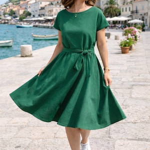 Green Cotton Midi Dress with Pockets, Short Sleeve Women’s Dress