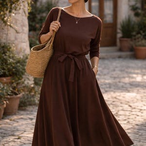 Chocolate Cotton Midi Dress, Flared Dress with Pockets, ADELA