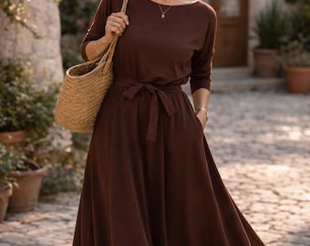 Chocolate Cotton Midi Dress, Flared Dress with Pockets, ADELA