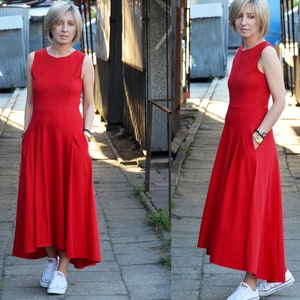 AUDREY - long 100% cotton dress made in Poland / red dress / handmade dress / with pockets / longer back of the dress / summer dress