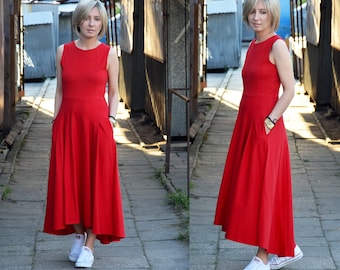 AUDREY - long 100% cotton dress made in Poland / red dress / handmade dress / with pockets / longer back of the dress / summer dress