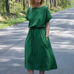 Cotton Midi Dress with Belt and Pockets,  Green Short Sleeve Dress, MANILA