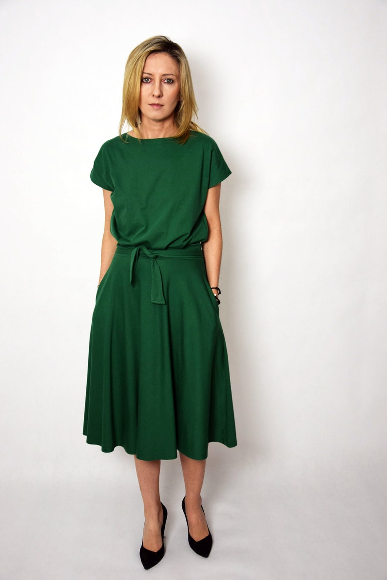 LUCY Midi Flared katoenen jurk vorm Polen / handgemaakte jurk / 100% katoenen jurk / vintage jurk / lente / zomer / made in Polen Groen