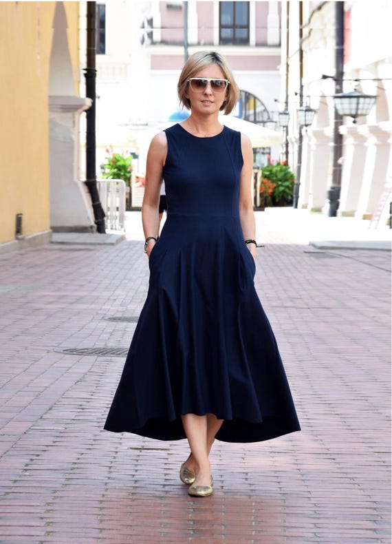 cotton navy dresses Navy Blue Warm Cotton Waffle Fit and Flare Maxi Dress 62" / Petite (5'1" and below)