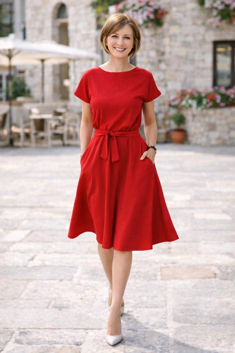 May include: A red dress with short sleeves, a tie waist, and pockets. The dress is knee-length and is worn with white heels. The background features a stone building and outdoor seating.