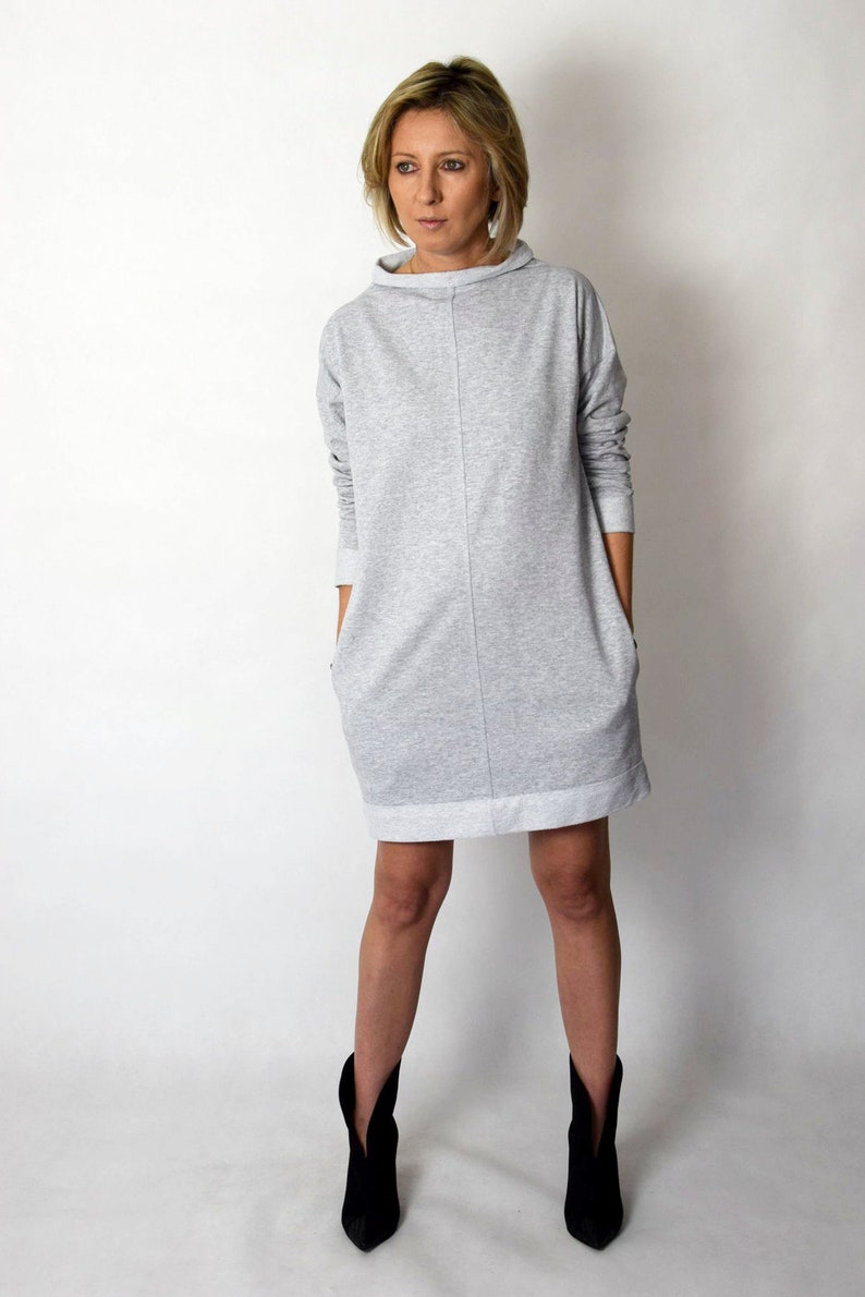 NEMO Vestido 100% algodón con cuello alto / hecho en Polonia / túnica hecha a mano / vestido suelto / algodón natural / mini vestido Gris