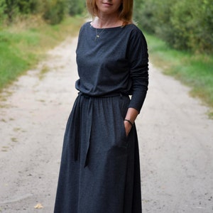 ROSE Baumwollkleid mit Gürtel Graphit / Langarm und Taschen / Midikleid / made in Poland / Vintage Kleid / handgemachtes Kleid / Midi Bild 4