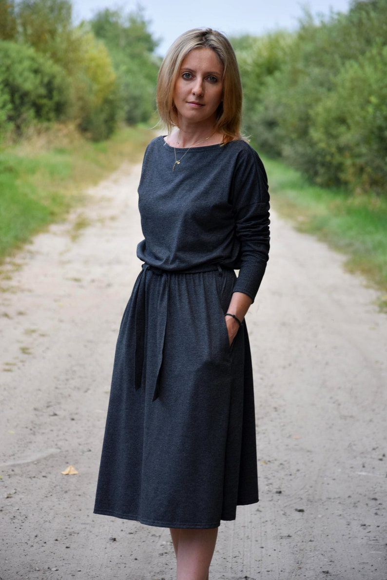 ROSE Baumwollkleid mit Gürtel Graphit / Langarm und Taschen / Midikleid / made in Poland / Vintage Kleid / handgemachtes Kleid / Midi Bild 4