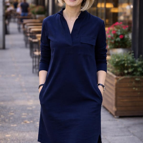 Túnica de algodón azul marino, vestido de manga larga con bolsillos,