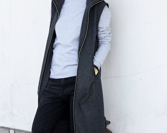 Cotton cardigan, sleeveless cardigan, Graphite cardigan, simple coat, long vest, long hoodie, Deep hoodie