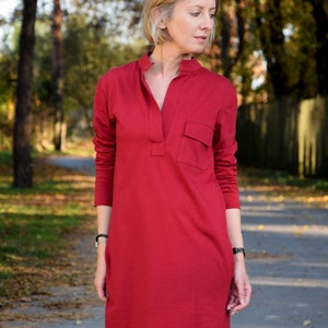SAHARA 100% Baumwollkleid mit Stehkragen aus Polen / mit Taschen / handgemachtes Kleid / schlichtes Kleid / lockeres Kleid Dark red