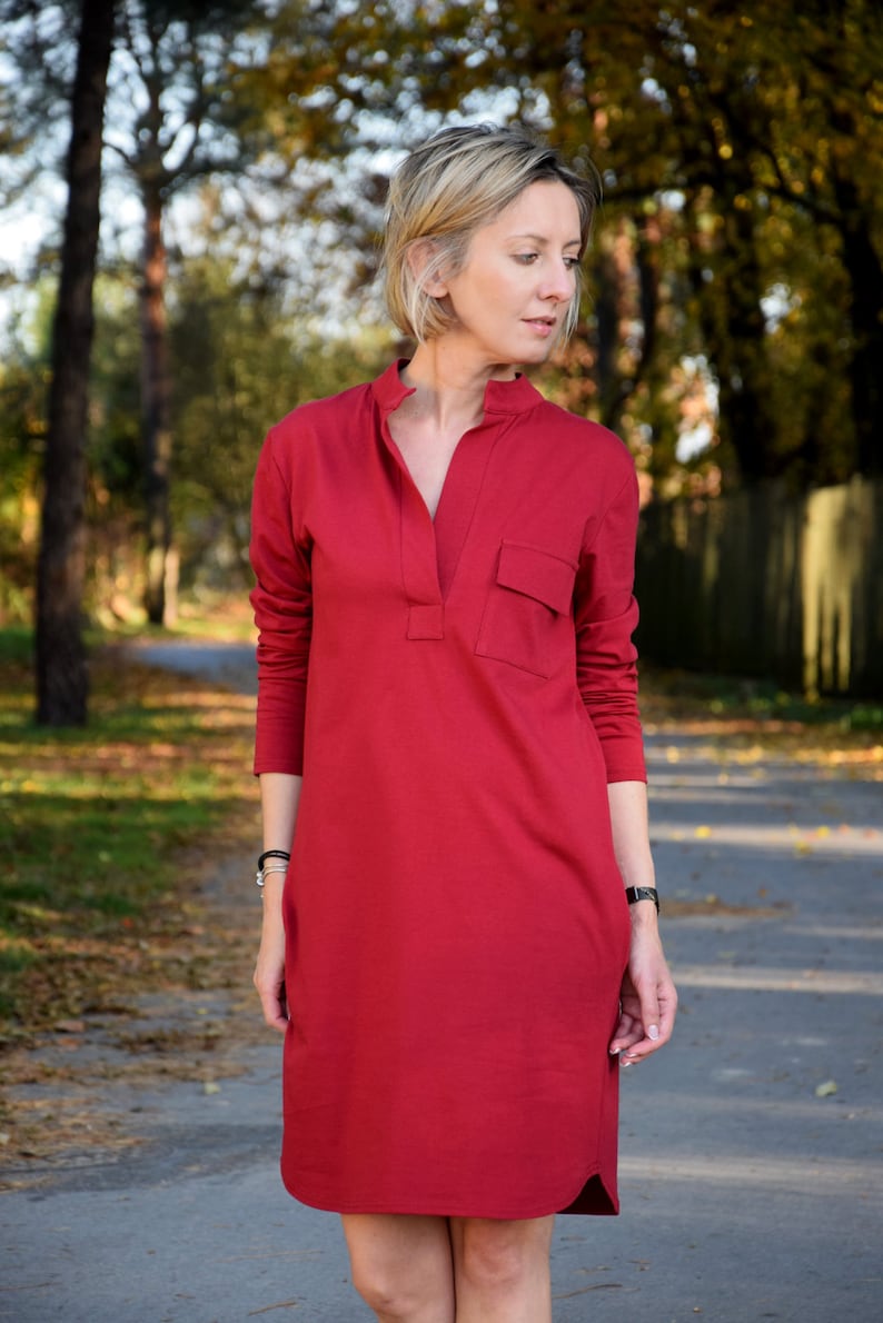 SAHARA 100% Baumwollkleid mit Stehkragen aus Polen / mit Taschen / handgemachtes Kleid / schlichtes Kleid / lockeres Kleid Dark red