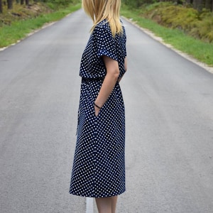 MANILA Cotton midi dress, navy blue with white dots / autumn dress / unique dress / party dress / office dress / loose dress / retro dress image 4