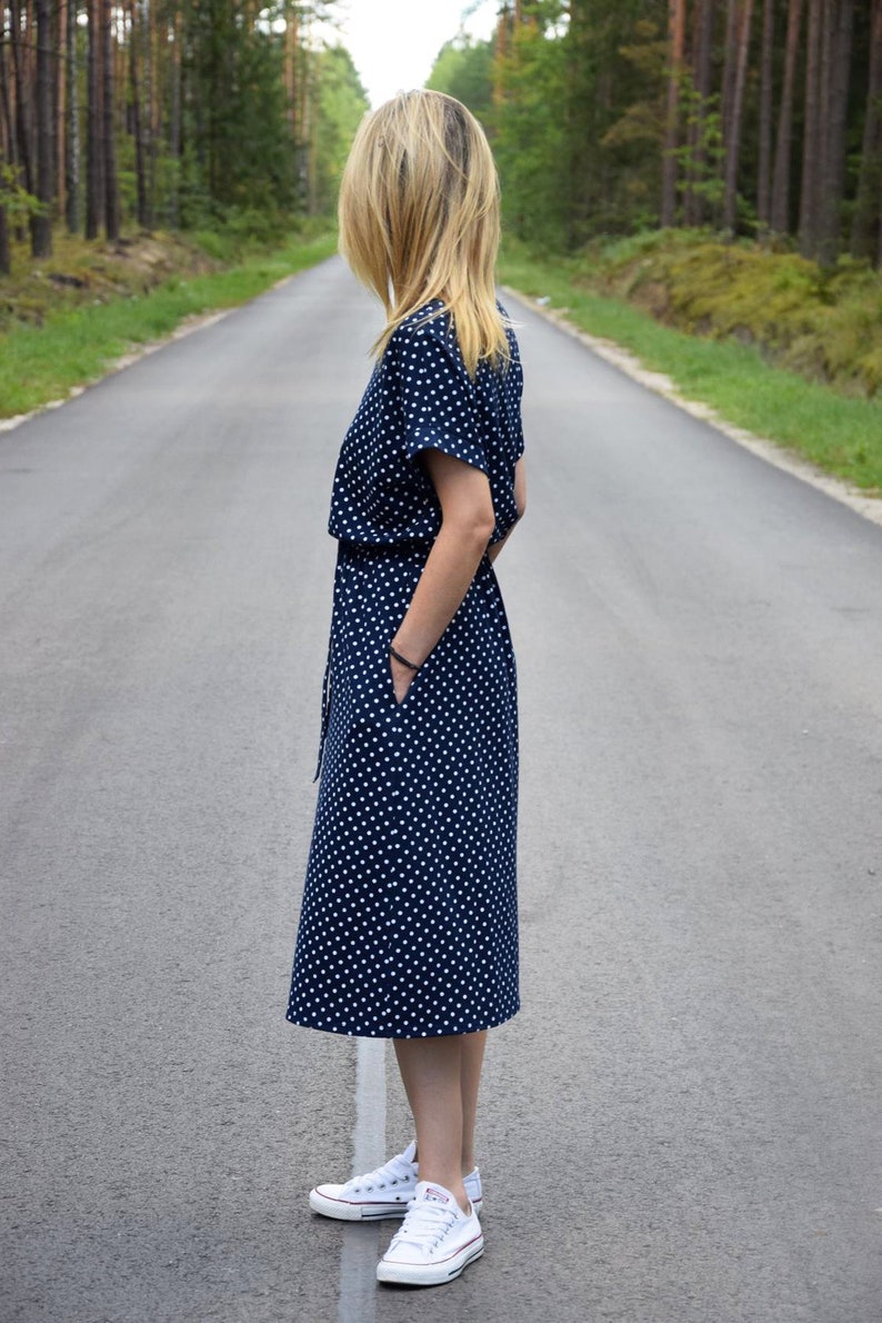 MANILA Cotton midi dress, navy blue with white dots / autumn dress / unique dress / party dress / office dress / loose dress / retro dress image 4