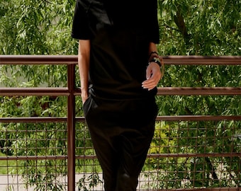 Cotton Jumpsuit with Elastic Waist, Black Romper with Pockets, Short Sleeve Overalls, Women's Clothing