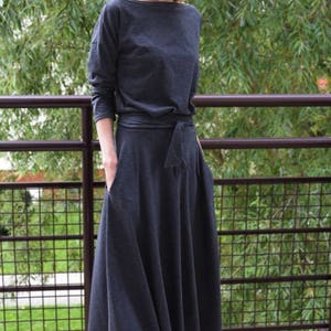 ADELA Midi Graphit Flared Baumwollkleid / Partykleid / 100% Baumwolle / Kleid mit Taschen / Damenkleid / Midikleid / Kleid mit Ärmeln Graphite