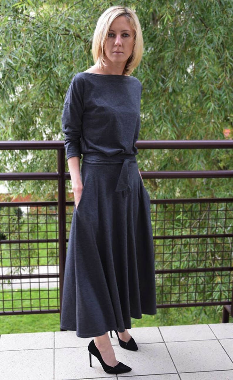 ADELA Midi Graphit Flared Baumwollkleid / Partykleid / 100% Baumwolle / Kleid mit Taschen / Damenkleid / Midikleid / Kleid mit Ärmeln Graphite