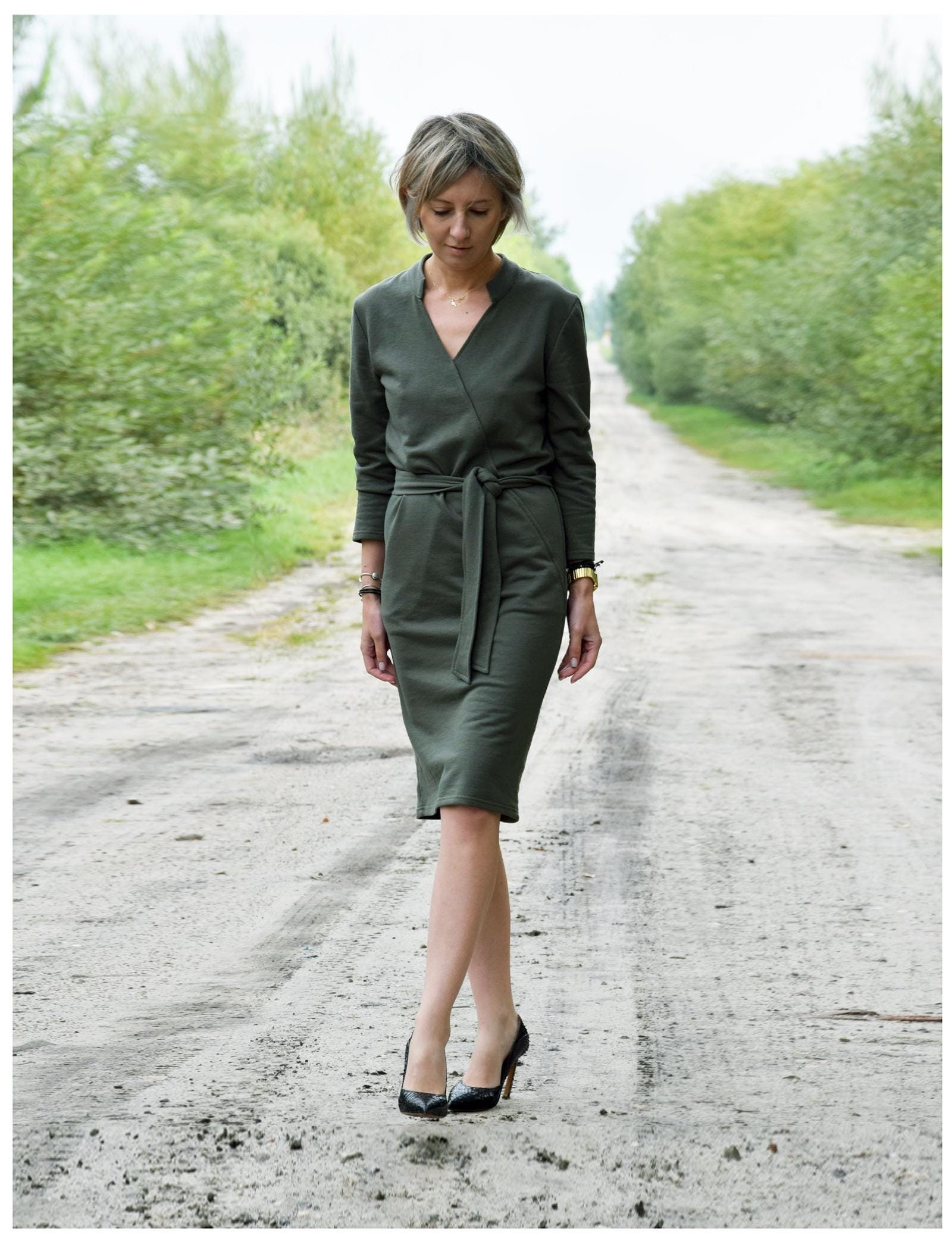 Khaki Cotton Midi Dress with Belt: Elegant Long Sleeve Wrap Dress
