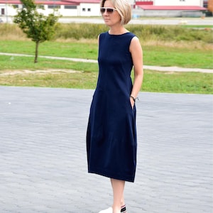 Katoenen midi-jurk met zakken, mouwloze marineblauwe jurk, FRANSE jurk