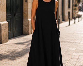 Baumwoll Maxikleid: Lockeres Oversize Kleid mit Taschen