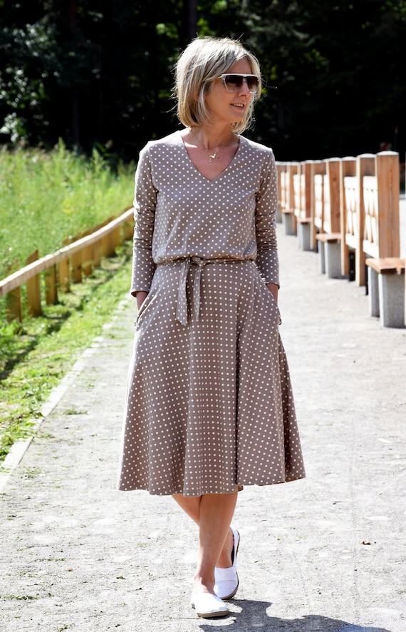 JENNIFER V neck Cotton Midi Dress Flared Cotton Dress Party Dress Vintage Dress Dress for Work Loose Dress Handmade Dresses Etsy