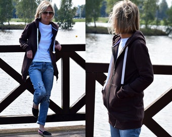 CHLOE - Damen Zip-up Kapuzenpullover / Sweatshirt und große kängurutasche / 8 Farben / Langer Hoodie / Metallreißverschluss / Handmade by Sisters