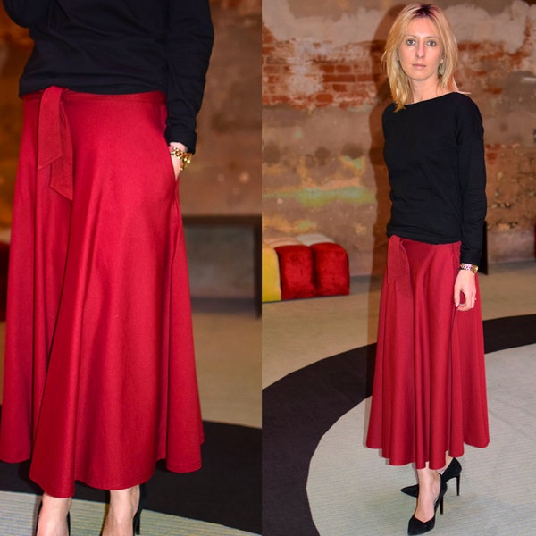 SISTERS cotton skirt 7/8 KLAUDIA dark red / midi skirt / skirt with a bow / tied skirt / made in Poland by Sisters / handmade skirt