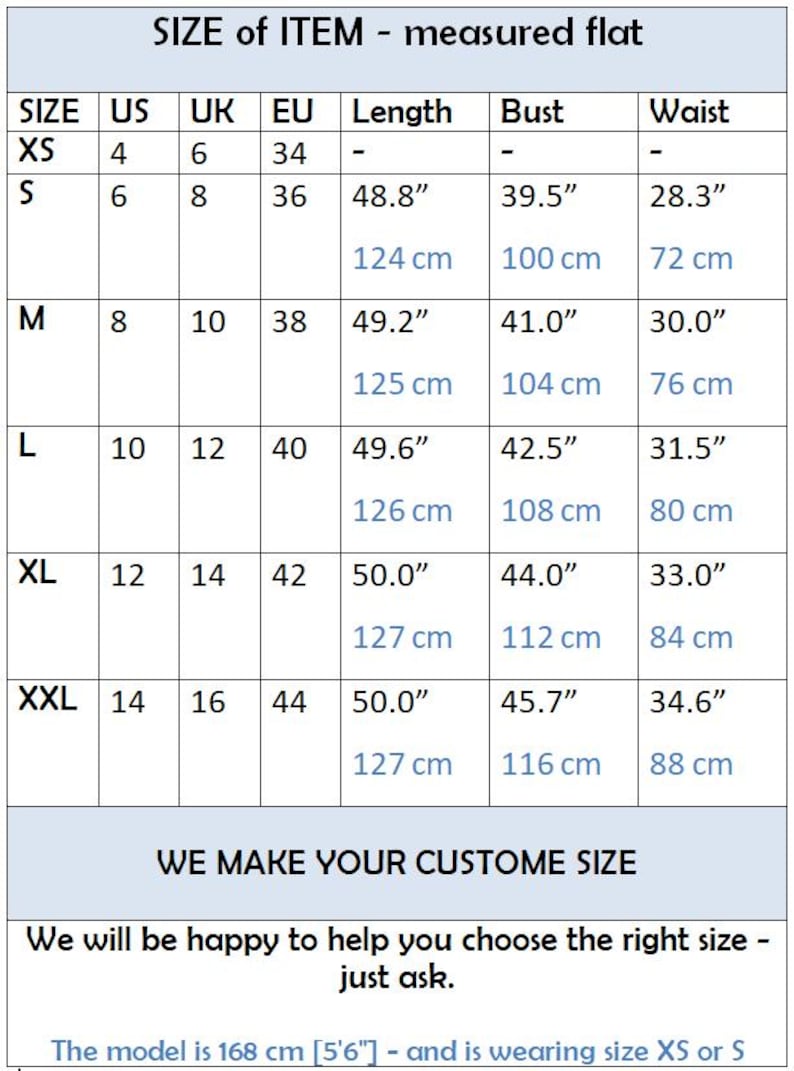May include: A size chart for clothing measurements, including US, UK, and EU sizes. Measurements are provided in inches and centimeters for length, bust, and waist. The chart includes sizes XS to XXL. Text on the image says "WE MAKE YOUR CUSTOM SIZE".