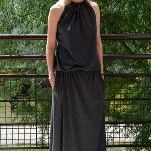 Sisters Long Dress Amira Graphite / cotton maxi dress / summer dress / tied at the neck / handmade and vintage Graphite