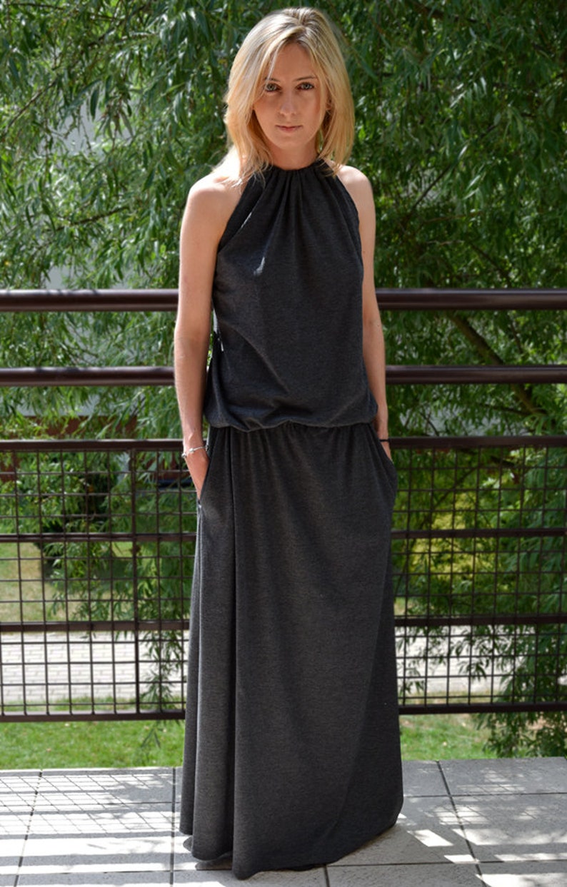 Sisters Long Dress Amira Graphite / cotton maxi dress / summer dress / tied at the neck / handmade and vintage Graphite