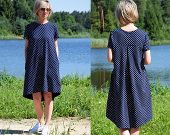 TESSA - A-shaped dress with short sleeves / 100% cotton dress / summer dress / handmade / loose dress / pockets / vintage / dotted dress