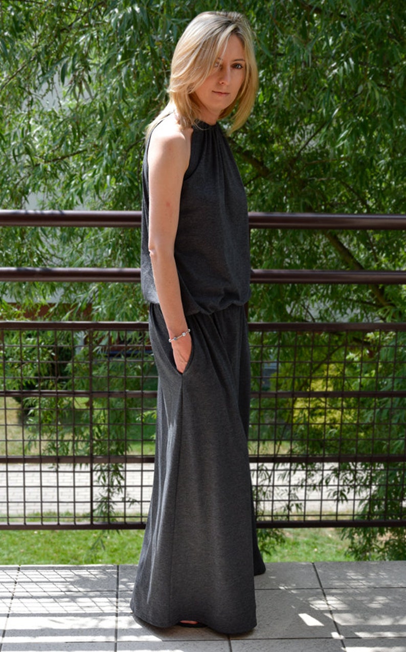 Sisters Long Dress Amira Graphite / cotton maxi dress / summer dress / tied at the neck / handmade and vintage image 4