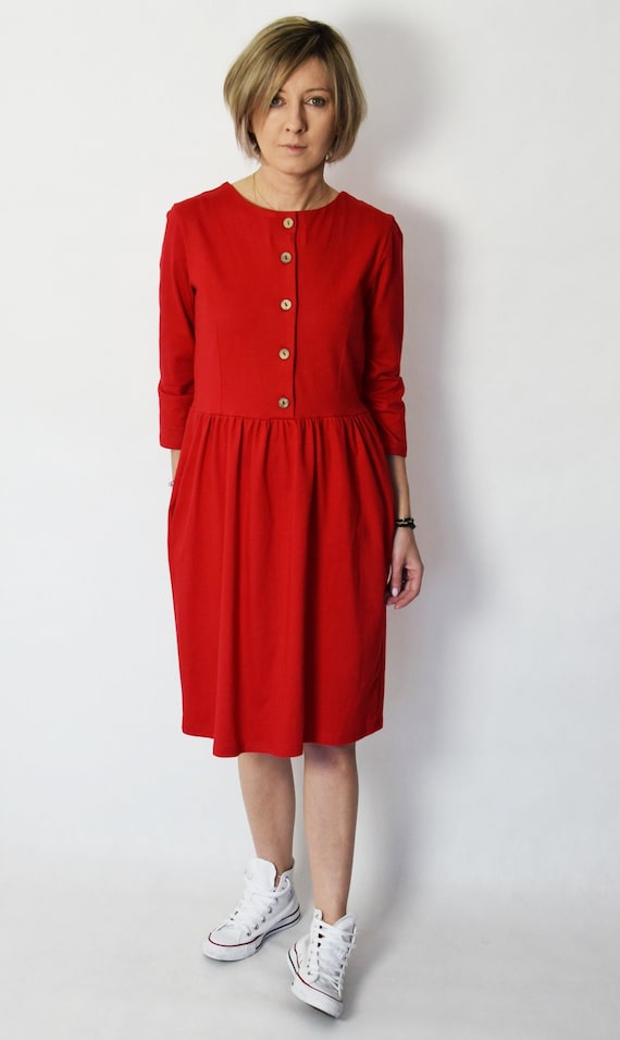red dress with buttons