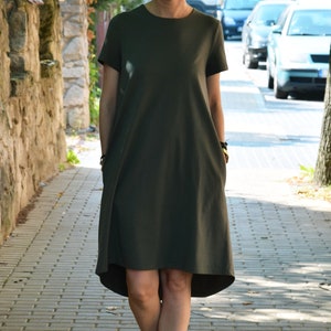 TESSA Aförmiges Kleid mit kurzen Ärmeln / Kleid aus 100% Baumwolle / handgemacht / lockeres Kleid / Taschen / lockere Größe Khaki