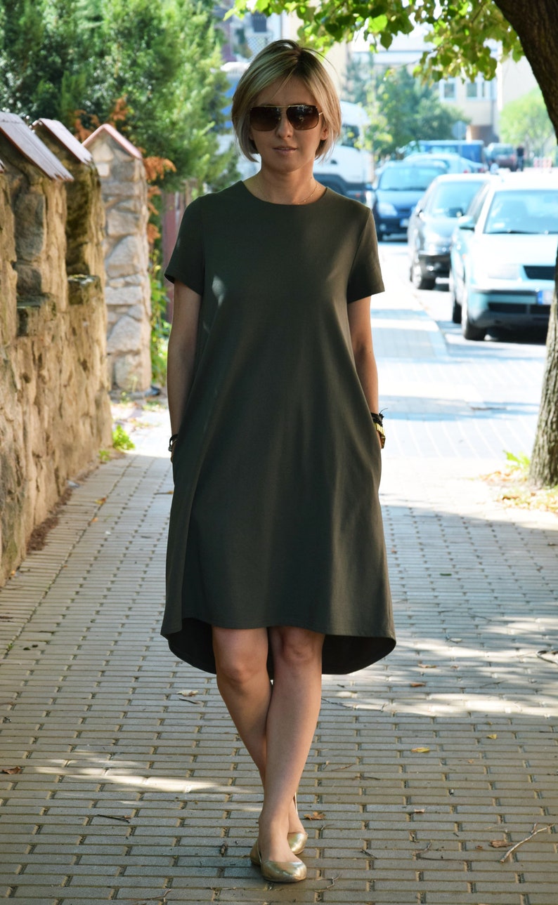 TESSA Aförmiges Kleid mit kurzen Ärmeln / Kleid aus 100% Baumwolle / handgemacht / lockeres Kleid / Taschen / lockere Größe Khaki