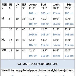 May include: Size chart for clothing with measurements in inches and centimeters. The chart shows sizes from S to XXL with corresponding US, UK, EU sizes, and measurements for length, bust, waist, and hip.