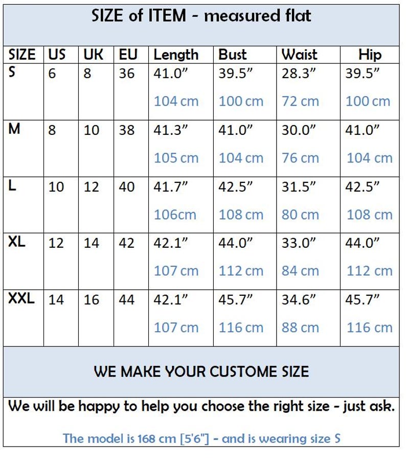 May include: Size chart for clothing with measurements in inches and centimeters. The chart shows sizes from S to XXL with corresponding US, UK, EU sizes, and measurements for length, bust, waist, and hip.