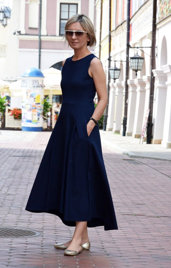 simple long navy blue dress sleeveless Navy Blue Floral Sleeveless Maxi Dress | Womens | Large (Available in 3X, 2X, 1X, XXS, XS, S, M, XL) | 100% Polyester | Lulus