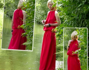 AMIRA - Maxi / long 100% cotton dress / tied at the back / gauzy dress / red long dress / sleeveless dress / red unique dress