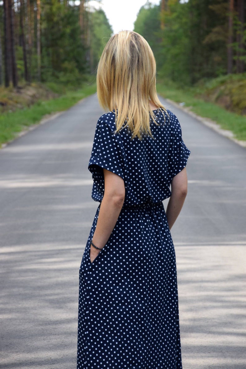 MANILA Cotton midi dress, navy blue with white dots / autumn dress / unique dress / party dress / office dress / loose dress / retro dress image 3