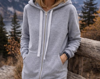Long Zip-Up Cotton Hoodie: Women's Grey Sweatshirt