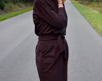 KIKA - Robe midi 100% coton / robe d’automne / robe Knee Length / couleur chocolat marron / robe simple / poches / robe nouée / robe de travail