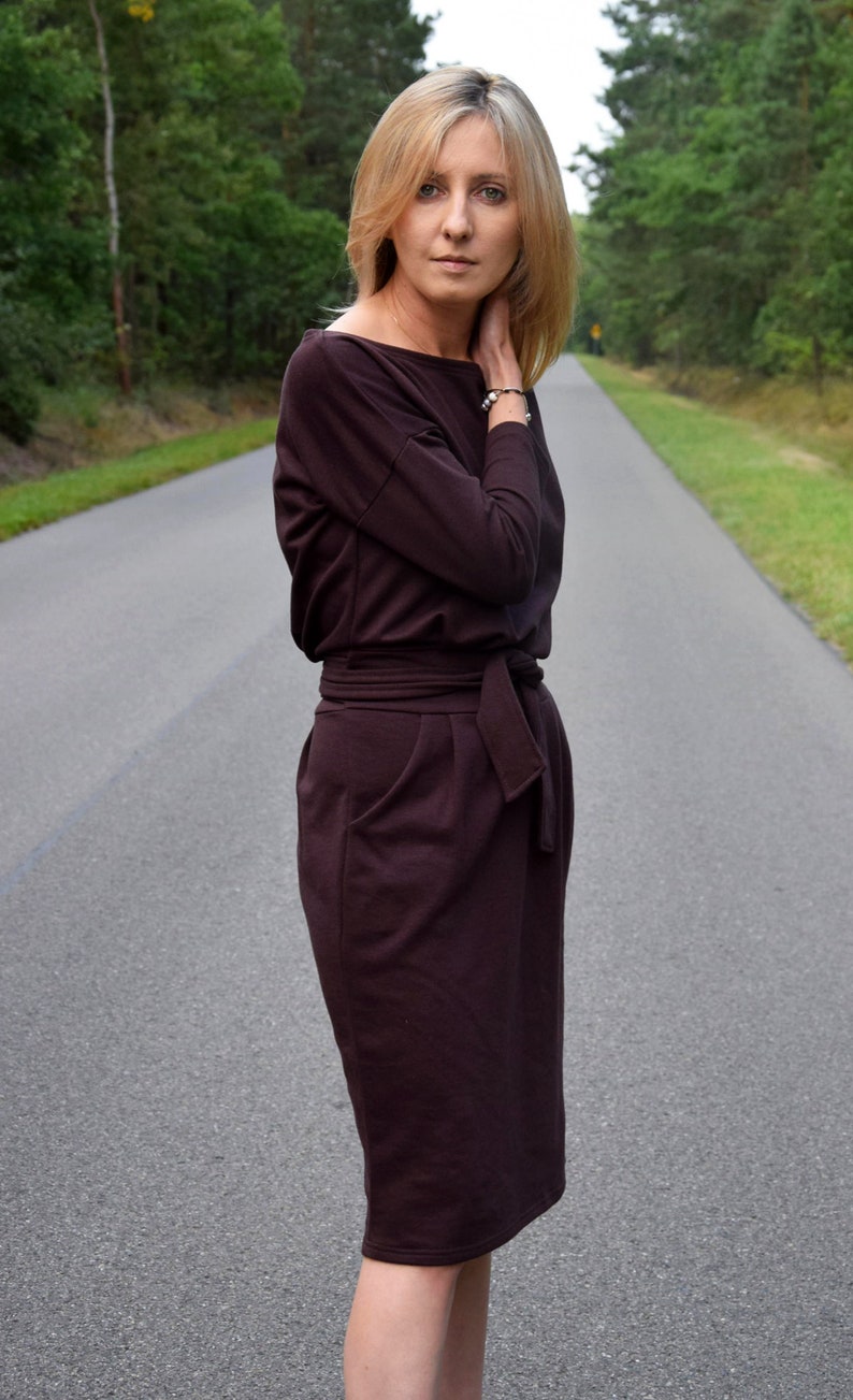 100/% cotton midi dress autumn dress dress Knee Length color brown chocolate simple dress pockets tied dress work dress KIKA