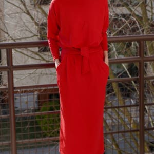 NINA 100% Baumwolle Maxikleid mit Gürtel / handgefertigt / Lange Ärmel / mit Taschen / Rundhalsausschnitt / langes Kleid / elegantes Kleid / Graphit Bild 6