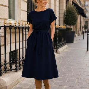 handcrafted navy midi dress Elegant Cotton Midi Dress Short Sleeve Dress Handmade Navy Blue Dress Romantic Dress Women Summer Fall Dress Custom Dress