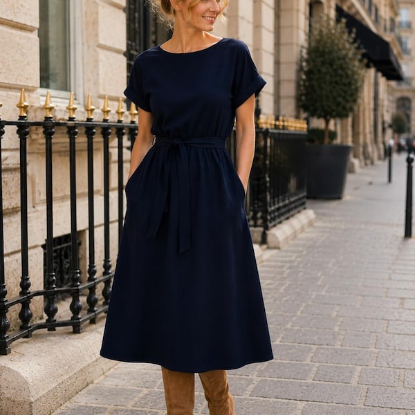 Vestido midi de algodón con cinturón y bolsillos, vestido azul marino de manga corta, MANILA