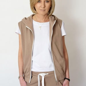 Hooded Cotton Vest: Beige Sleeveless Cardigan - Handmade in Poland
