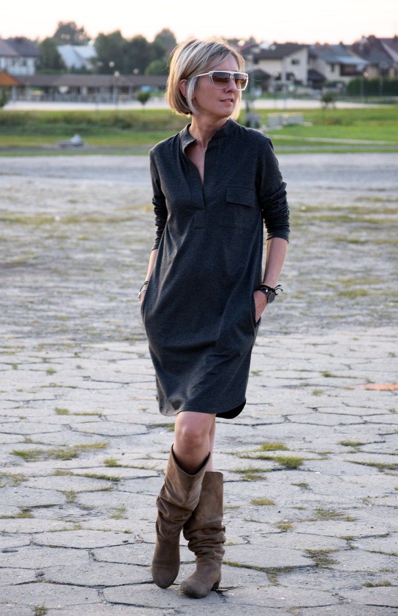 SAHARA 100% cotton dress with a stand-up collar made in Poland / with pockets / handmade dress / simple dress / vintage Graphite